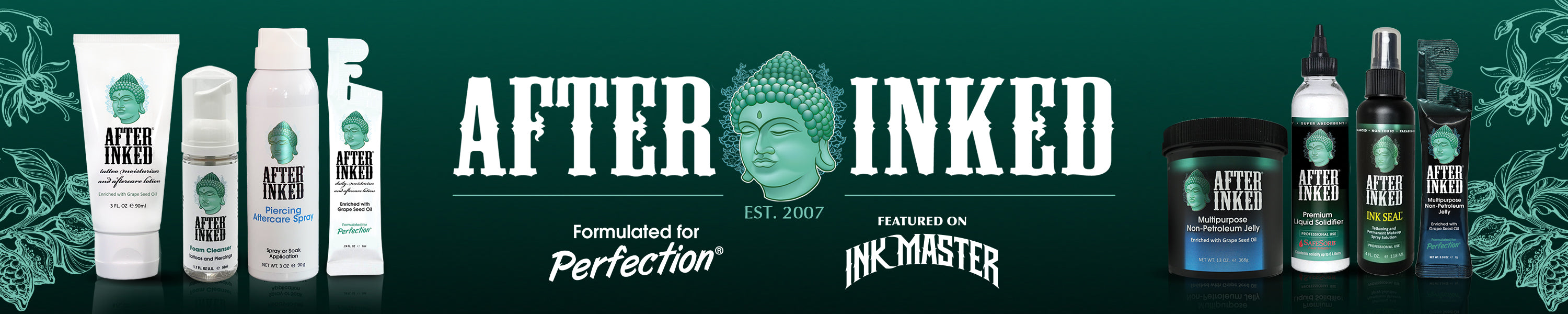 After Inked, established in 2007. Premium products for tattoos, piercings and permanent make up. Tattoo aftercare lotion tube, tattoo foam cleanser soap, piercing aftercare spray, tattoo aftercare lotion sachets, non-petroleum jelly jar, liquid solidifier, ink seal tattooing spray cleanser, non-petroleum jelly packets. Formulated for perfection. Featured on Ink Master.
