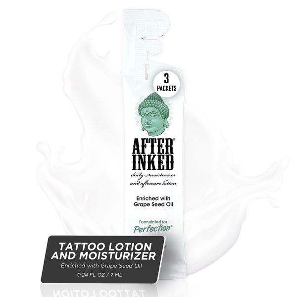 Three packets of After Inked Tattoo Moisturizer lotion, each packet is 7ml and the lotions is enriched with grape seed oil.