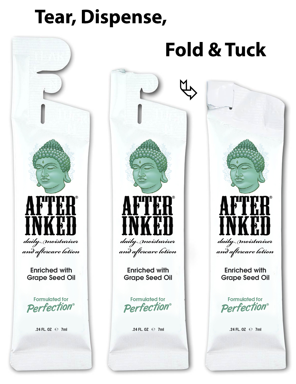 tattoo daily moisturizer and aftercare lotion, 7ml reclosable packet. Tear, dispense, fold and tuck.
