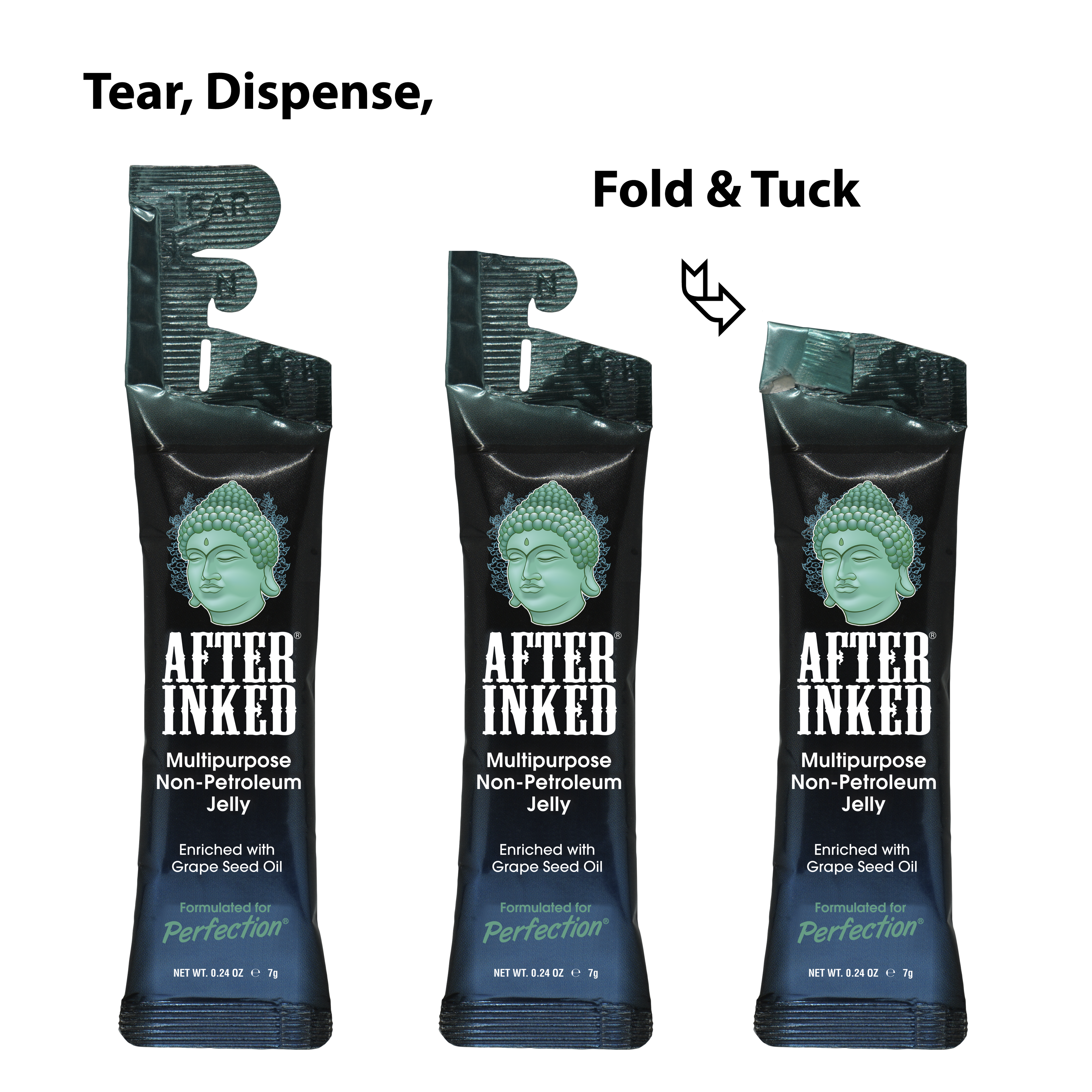 Multipurpose Non-petroleum jelly, enriched with grape seed oil, 7g reclosable packet. Tear, dispense, fold and tuck.