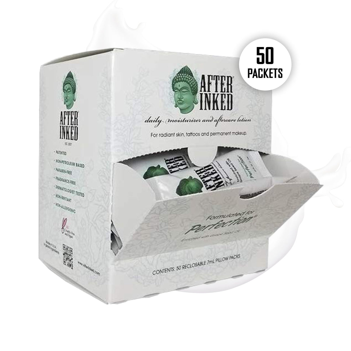 After Inked 50-piece counter dispenser of Tattoo Aftercare Lotion 7ml packets
