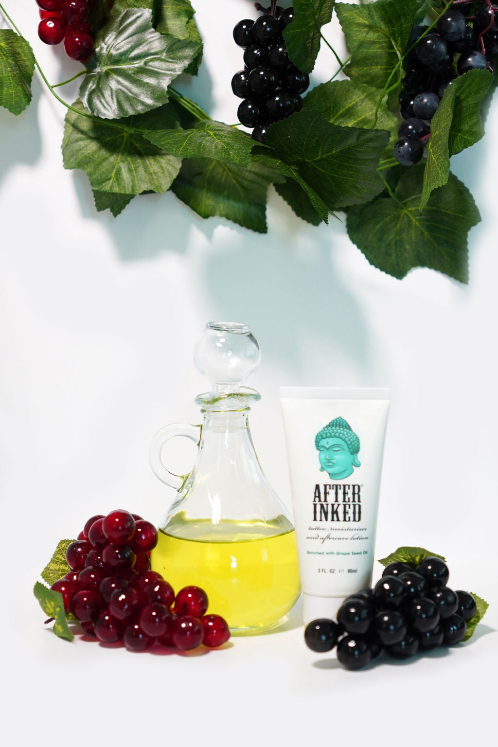 Tattoo moisturizer and aftercare lotion is a patented Vegan formula that delivers effective skin moisturization and helps to preserve the colors of your tattoos. Enriched with grape seed oil.