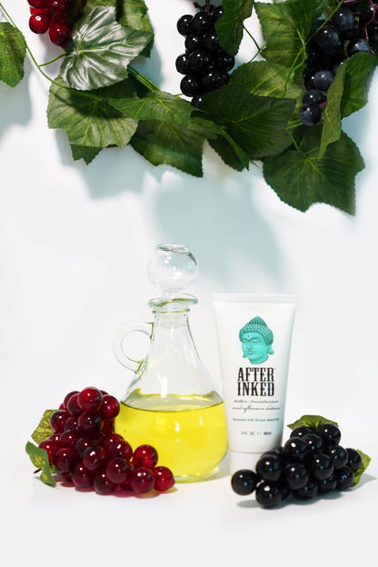 Tattoo moisturizer and aftercare lotion is a patented Vegan formula that delivers effective skin moisturization and helps to preserve the colors of your tattoos. Enriched with grape seed oil.