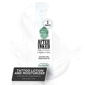 Three packets of After Inked Tattoo Moisturizer lotion, each packet is 7ml and the lotions is enriched with grape seed oil.