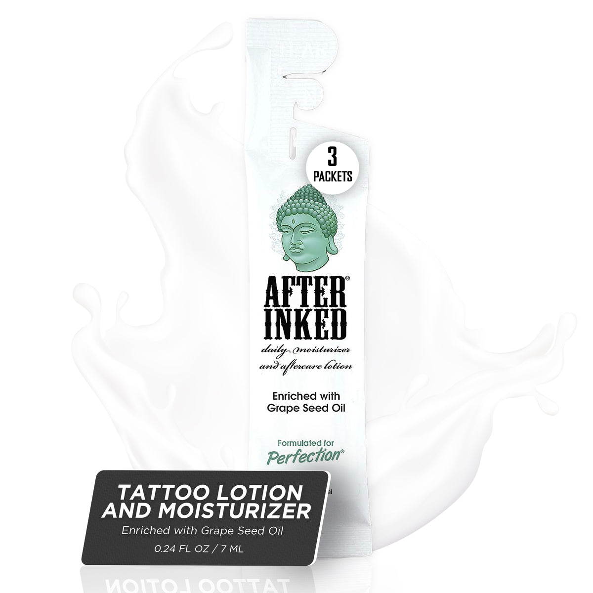 Three packets of After Inked Tattoo Moisturizer lotion, each packet is 7ml and the lotions is enriched with grape seed oil.