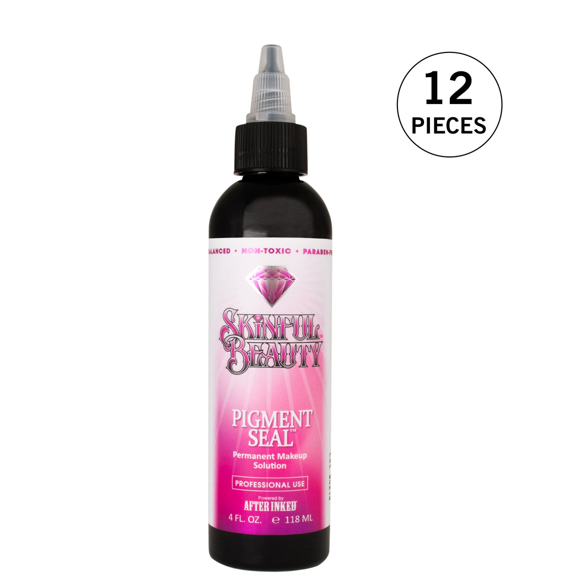 A bottle of Skinful Beauty Pigment Seal for Permanent Makeup with a label indicating it is 4oz size, 12 pieces included.