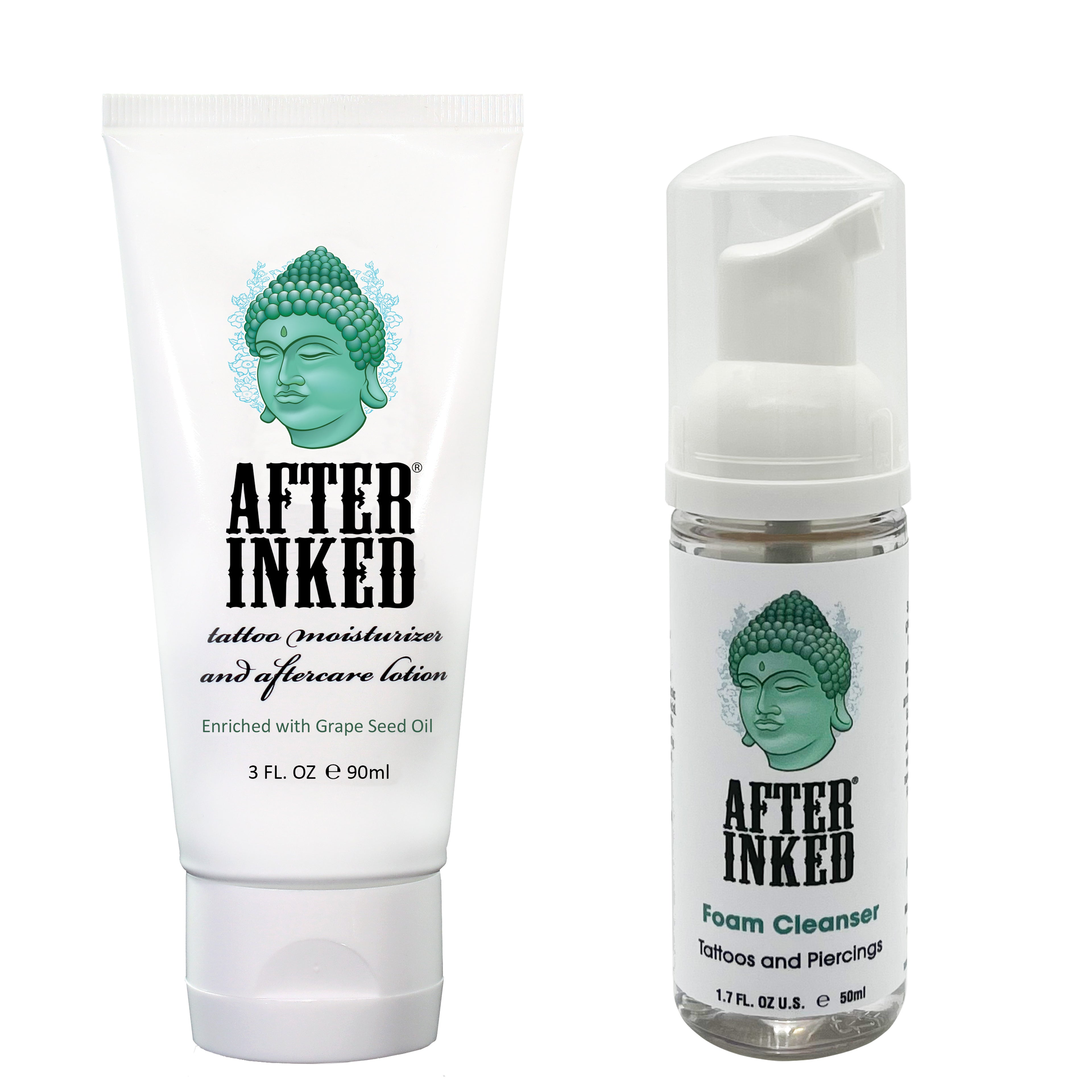 Tattoo aftercare lotion plus tattoo soap foam cleanser bundle.  Tattoo aftercare and piercing aftercare foam cleanser, 1.7oz bottle, plus Tattoo aftercare and piercing aftercare foam cleanser, 1.7oz bottle