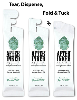 tattoo daily moisturizer and aftercare lotion, 7ml reclosable packet. Tear, dispense, fold and tuck.