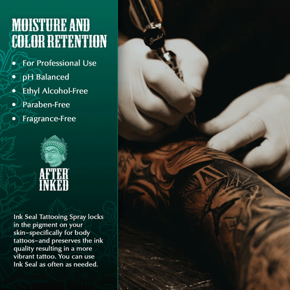Moisture and color retention. For professional use. pH balanced. Ethyl alcohol-free/ Paraben-free. Fragrance-free. Ink Seal tattooing spray locks in the pigment on your skin -specifically for body tattoos- and preserves the ink quality resulting in a more vibrant tattoo. You can use Ink Seal as often as needed.