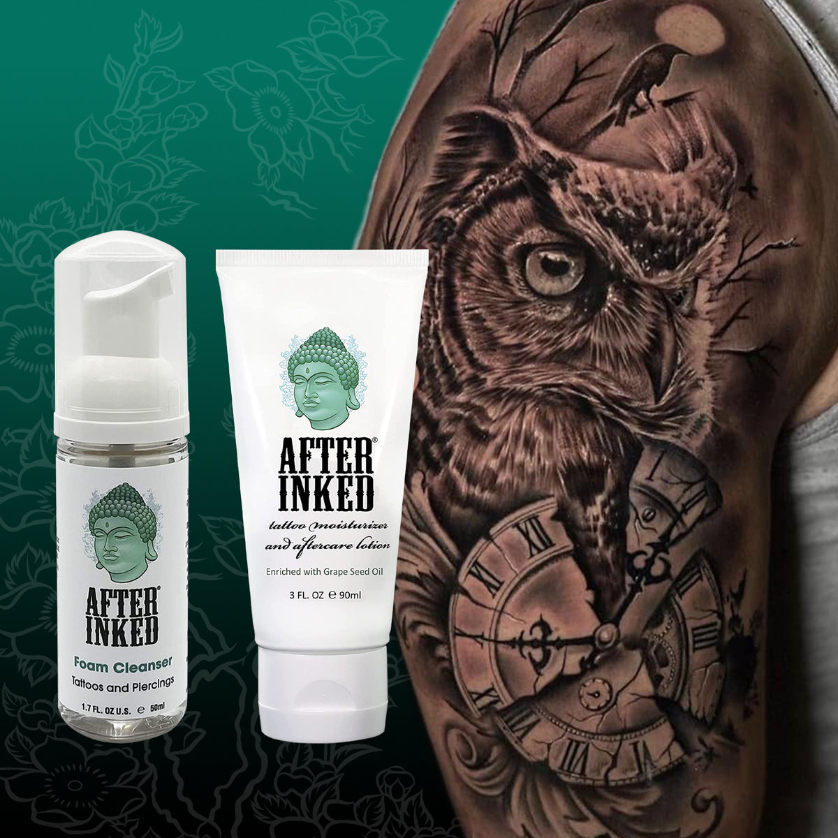 Tattoo aftercare lotion plus tattoo soap foam cleanser bundle on tattooed arm.