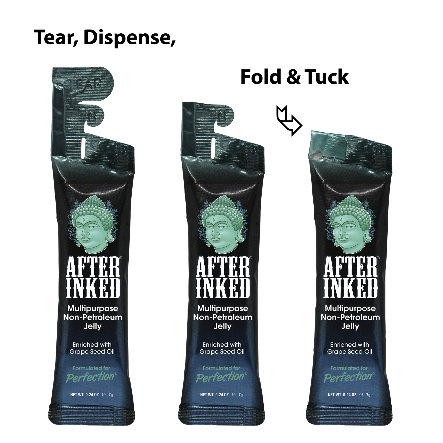 Multipurpose Non-petroleum jelly, enriched with grape seed oil, 7g reclosable packet. Tear, dispense, fold and tuck.